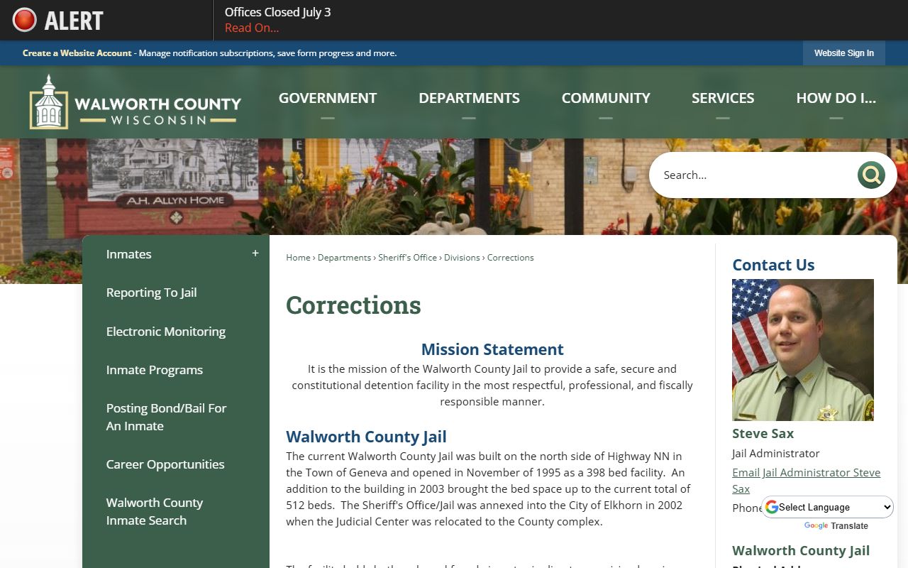 Walworth County inmate population corrections overview page