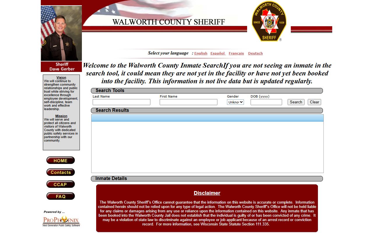Walworth County inmate records locator search fields